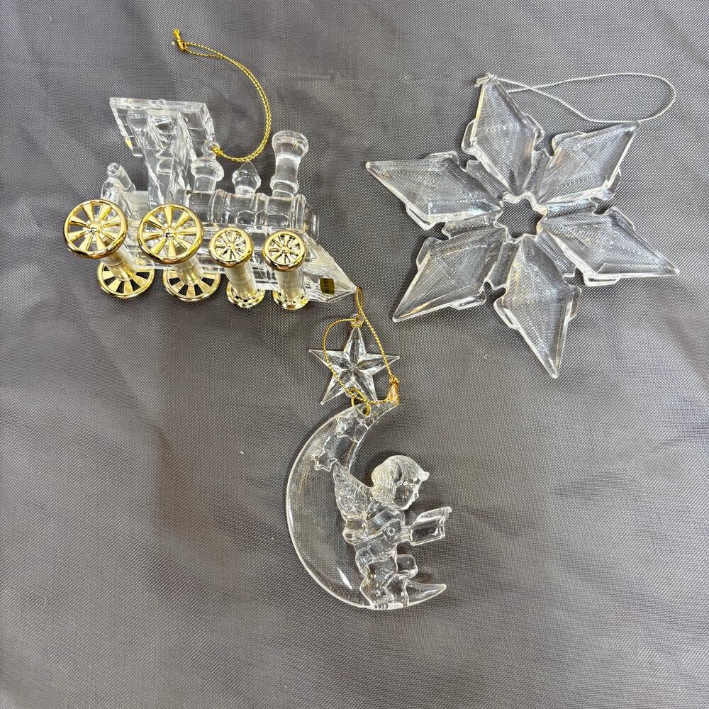 Clear Acrylic Christmas Ornament Lot of 3 Snowflake + Locomotive + Angel in Moon